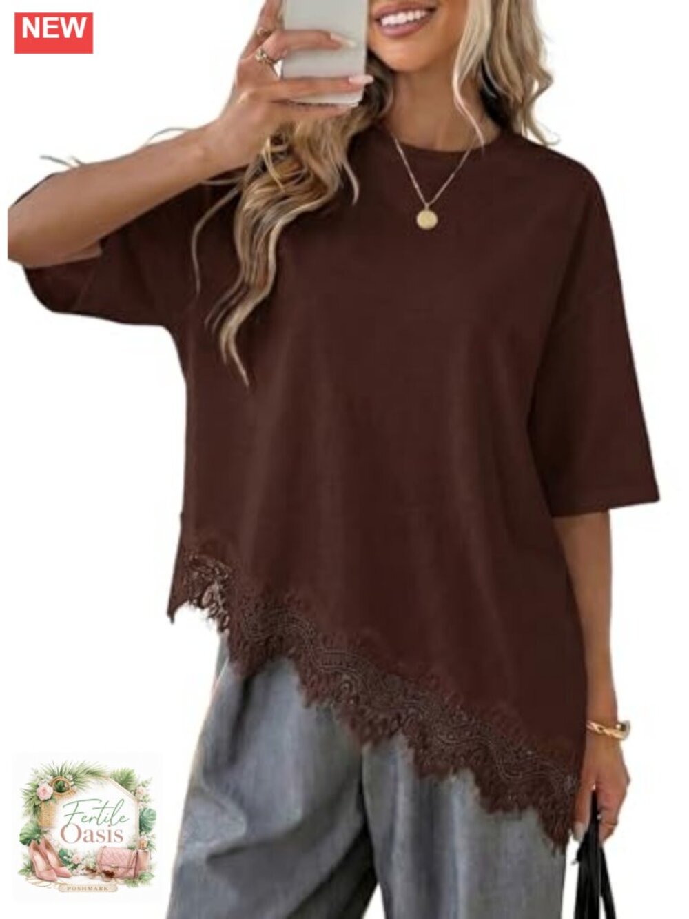 Women's Lace Hem Asymmetrical Crew Neck Tee - Soft Casual Top